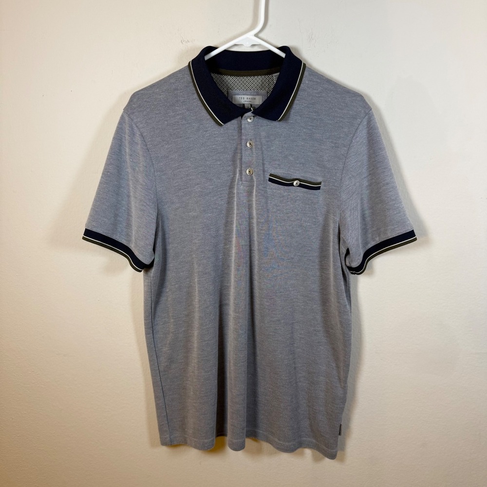 Ted‎ Baker London Mens Grey Tipped Polo Shirt Size 4 Large Short Sleeve Button